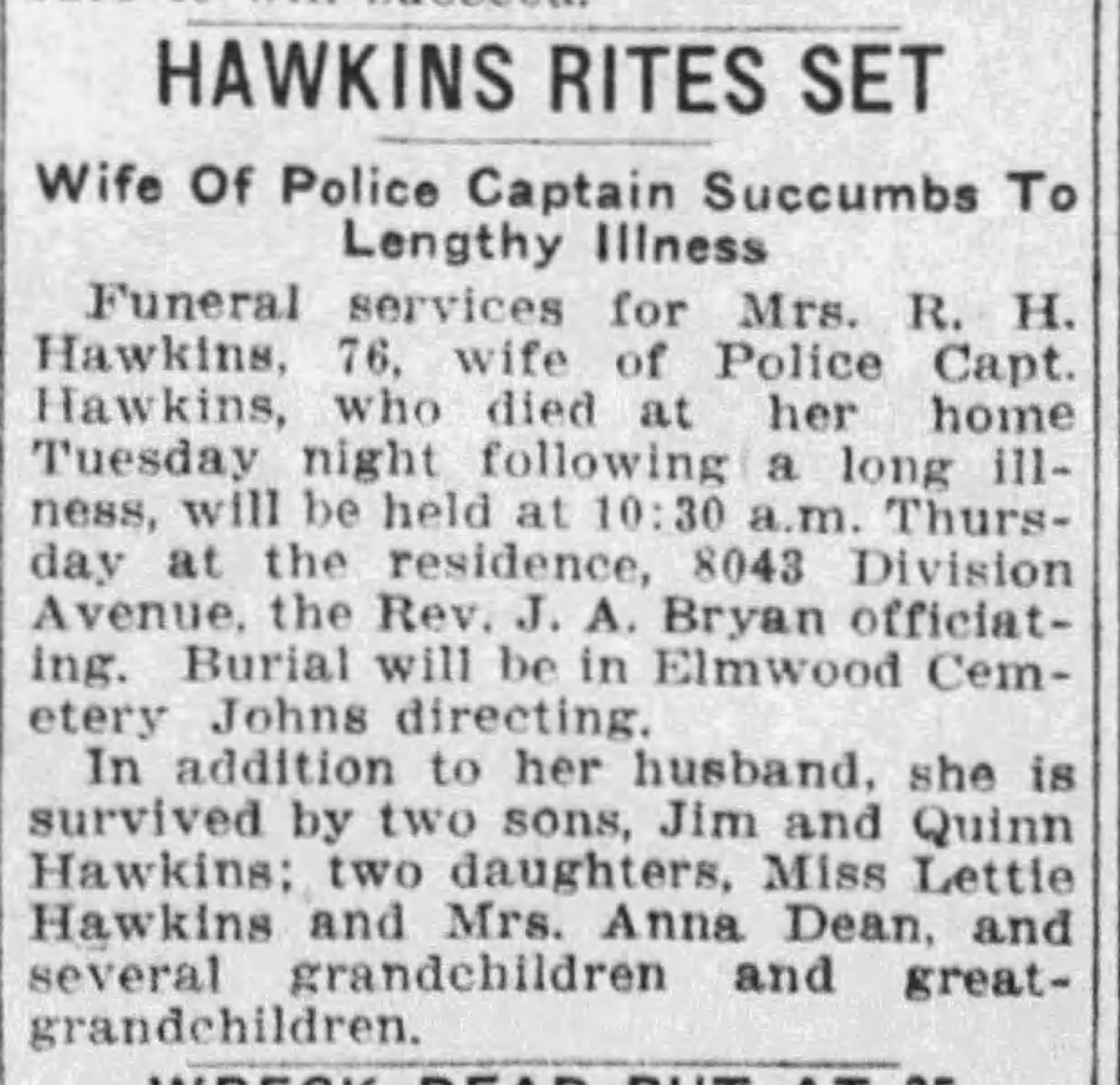 Mrs. R.H. Hawkins obituary